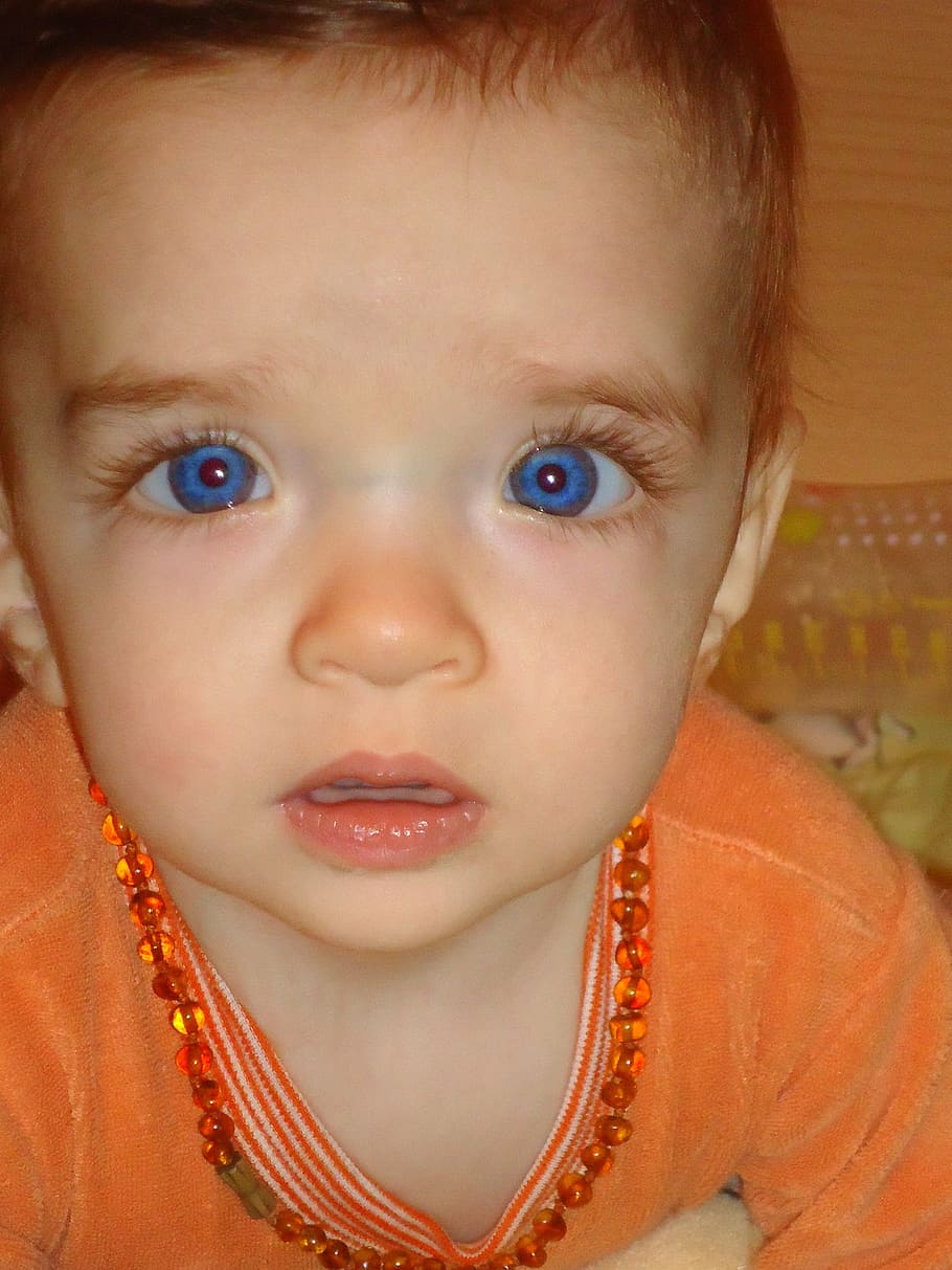 baby, face, blue eyes, child, boy, amber, amber necklace, orange