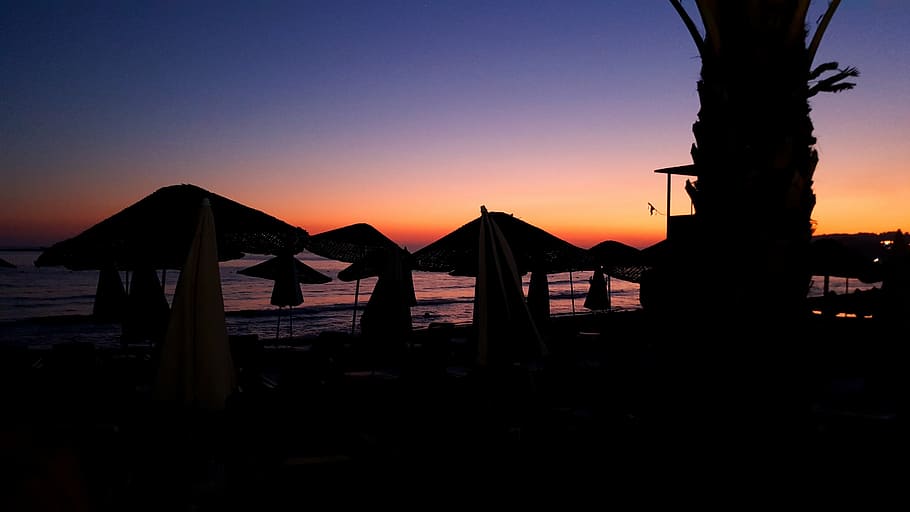 beach, evening, blue, red, sunset, sky, twilight, sea, mood HD wallpaper