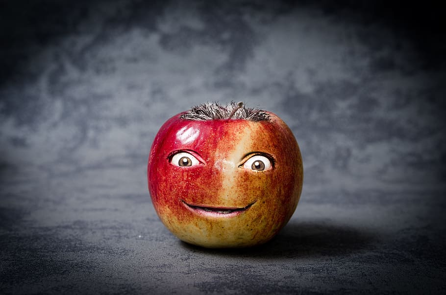apple fruit with eyes, funny, face, photo manipulation, cute