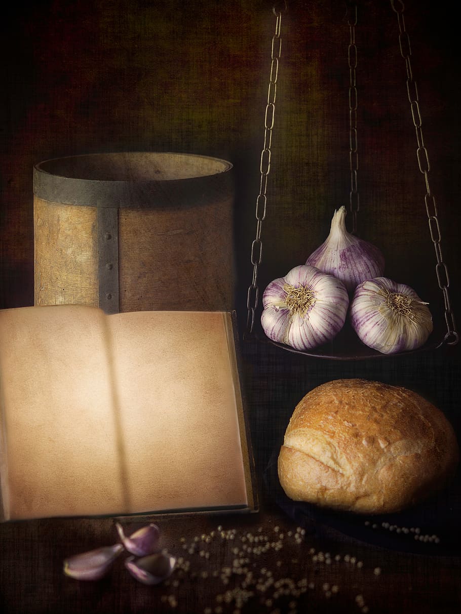 garlic, bread, pepper, book, recipe, food, still lifes, indoors HD wallpaper