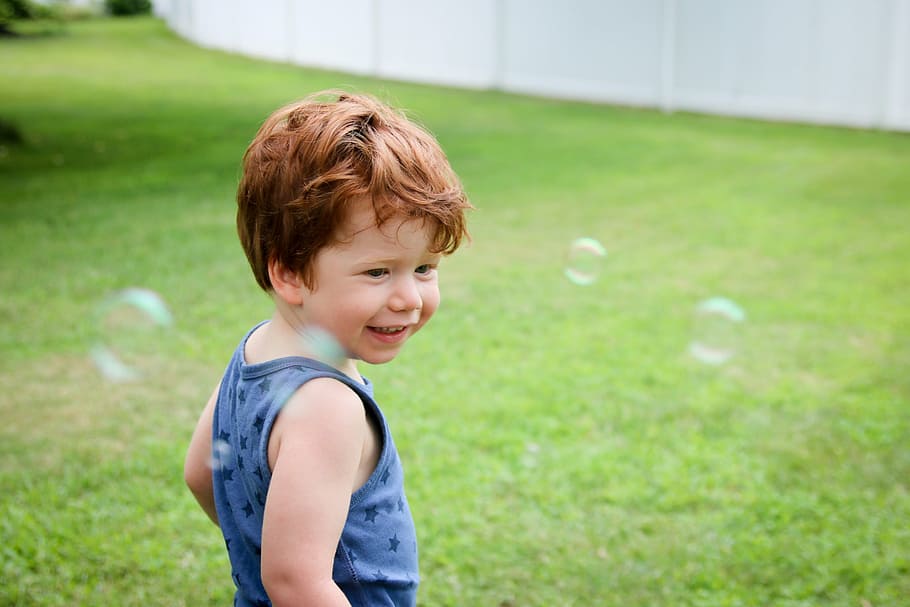 boy playing with bubbles, child, cute, fun, grass, lawn, outdoors HD wallpaper