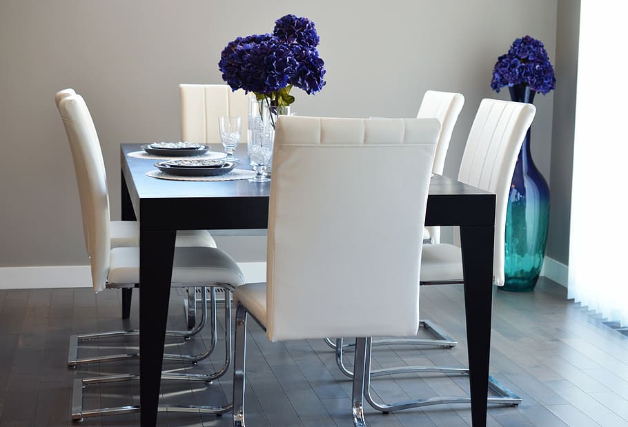 rectangular black wooden table with chairs dining set, dining room HD wallpaper
