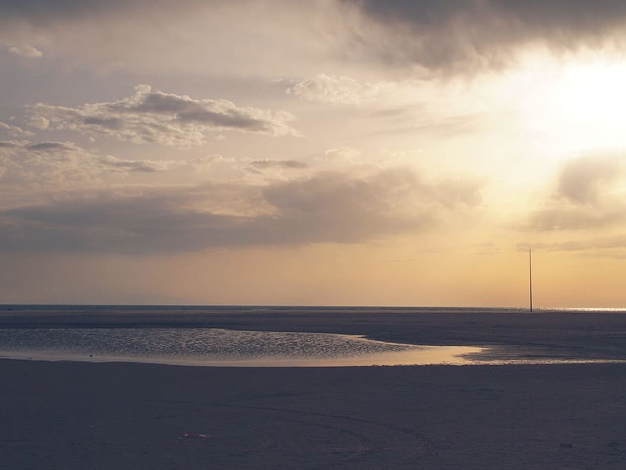landscape photography of seashore, sunset, sky, clouds, sunbeams HD wallpaper