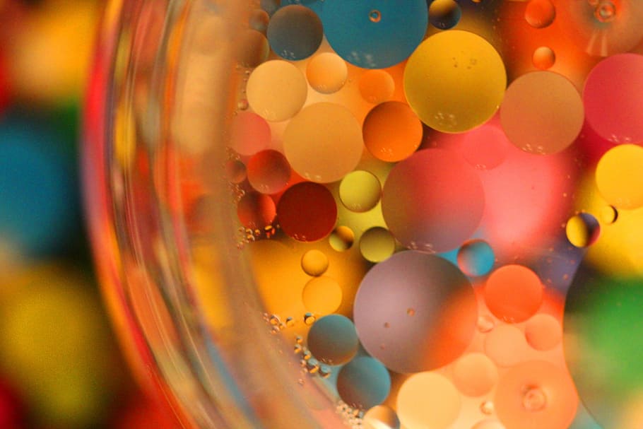 Oil And Water, Macro, Artistic, floating, colorful, glass, ellipses