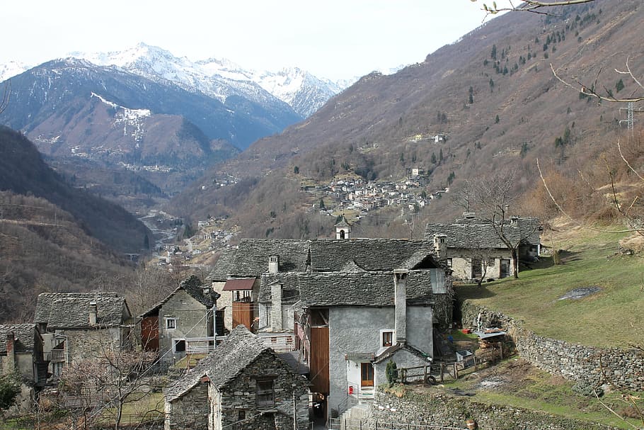 mountain village, north italy, alpine village, rustic stone houses, HD wallpaper