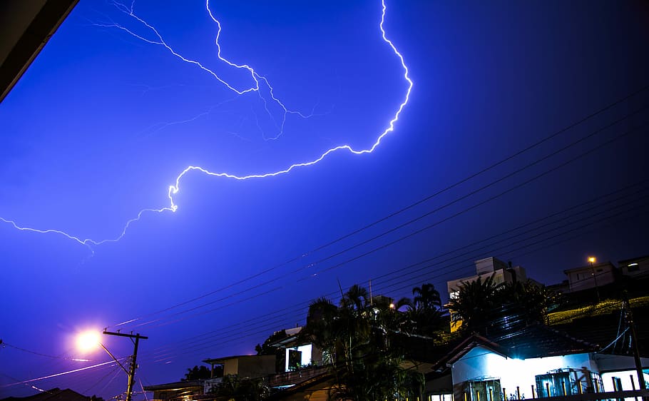 Lightning, Sky, Blue, Electricity, Power, storm, dramatic, bolt, HD wallpaper