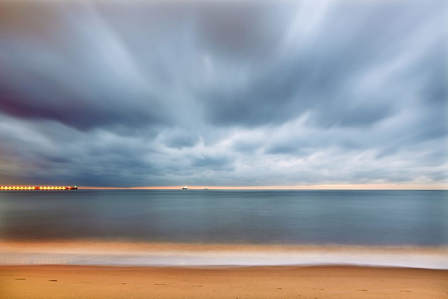 blue sky and body of water power, photo of waves on beach shore HD wallpaper
