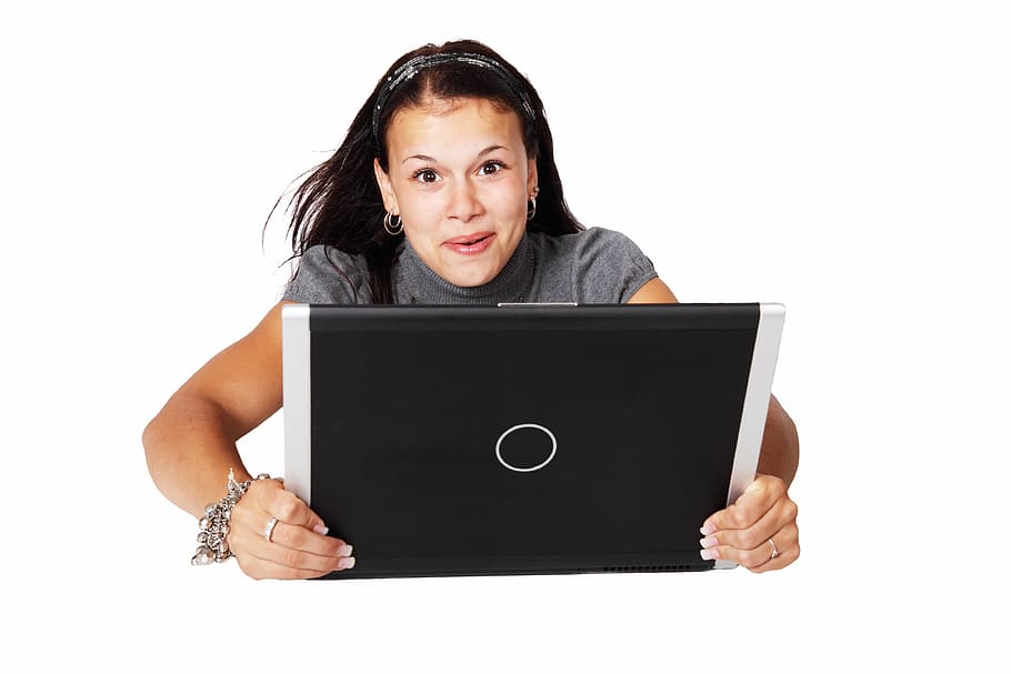 woman holding black tablet computer, blowing, communication HD wallpaper