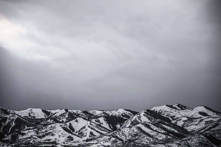 mountain, pine, tree, snow, winter, weather, clouds, black and white HD wallpaper