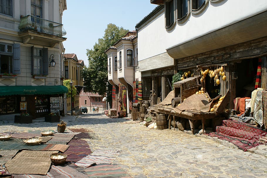 fruit stand under white building, the old town, plovdiv, bulgaria