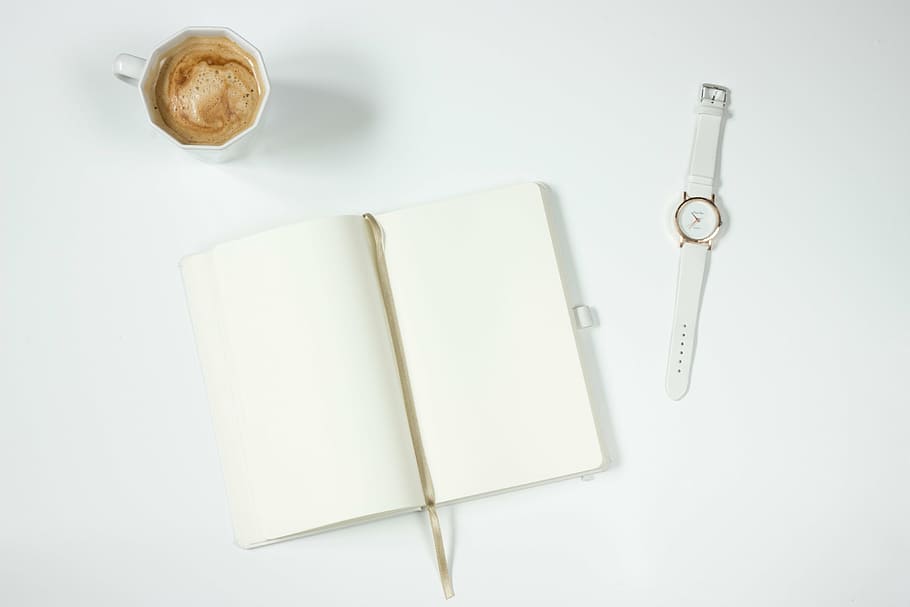 round white analog watch with white strap, coffee, notebook, work desk, HD wallpaper