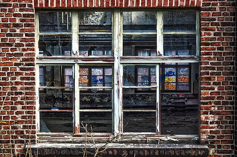 gray wooden framed glass windows, brick, old, wall, architecture HD wallpaper