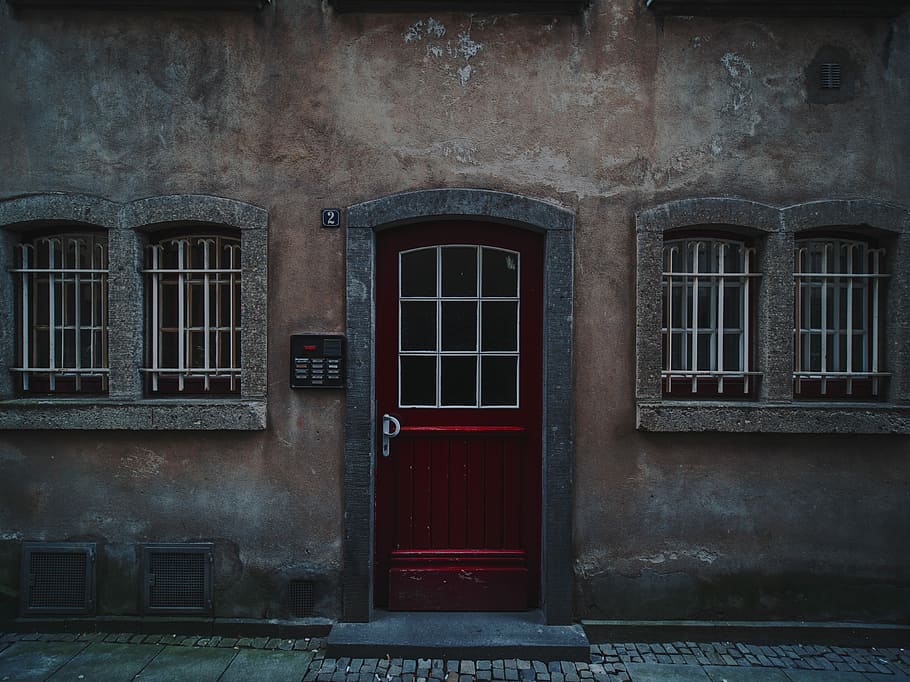 red wooden half-glass closed door, red door on brown house, building HD wallpaper