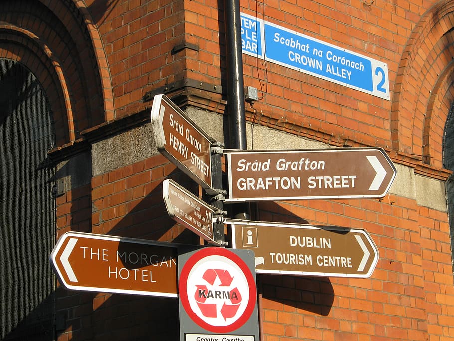 assorted signages beside bricks building, Dublin, Street Sign