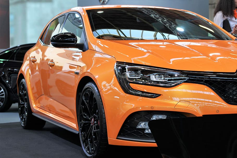 orange Renault sedan parked in showroom, car, renault megane r s, HD wallpaper