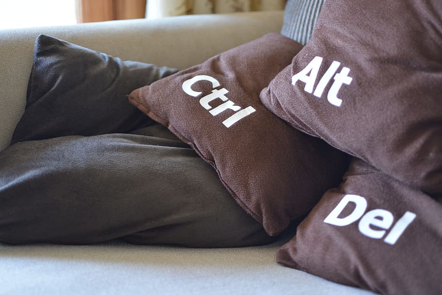three brown throw pillows on gray sofa, restart, cushions, funny HD wallpaper
