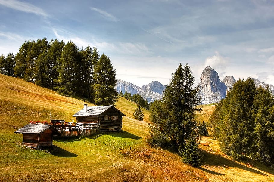 green trees and house under the blue sky, Dolomites, Mountains, HD wallpaper