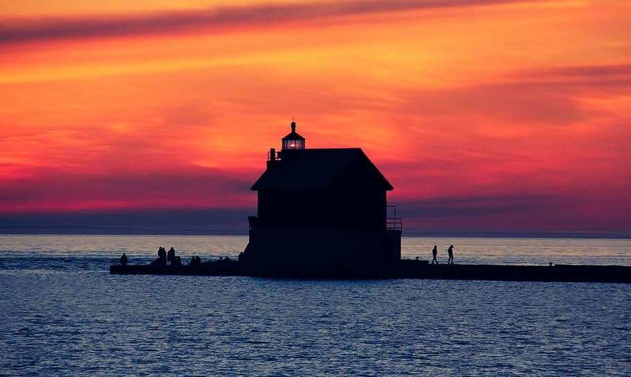 Lighthouse, Clouds, Sunset, Dusk, sky, sea, ocean, beautiful HD wallpaper