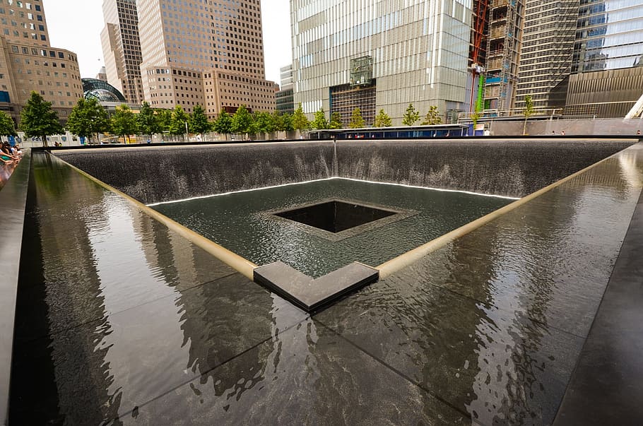 square concrete fountain in park, Nyc, Usa, America, Monument, HD wallpaper