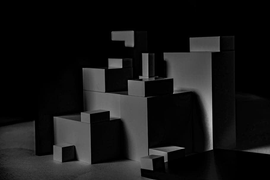 gray blocks, pile of white blocks, form, abstract, minimal, contrast HD wallpaper