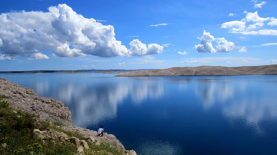 sea, landscape, mountains, nature, beach, clouds, daylight, island HD wallpaper