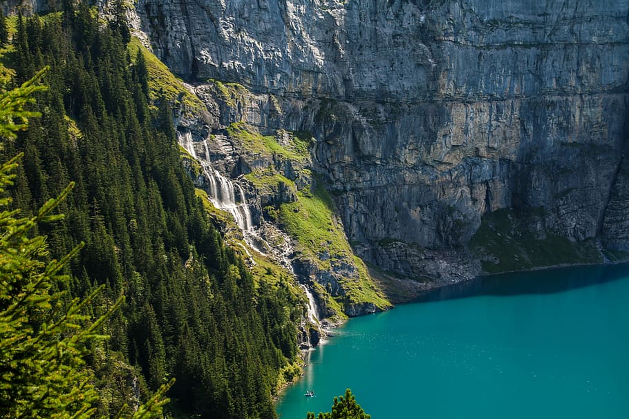 body of water during daytime, view, bergsee, waterfall, mountains HD wallpaper