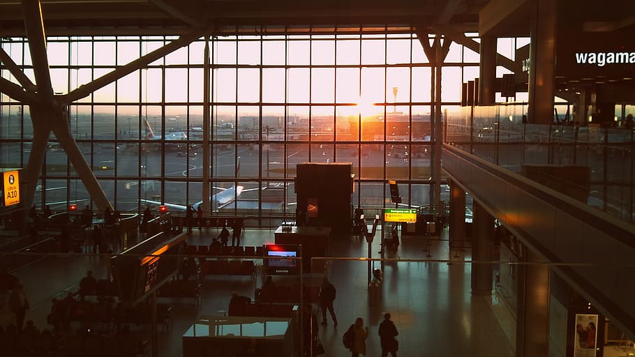 airport interior during golden hour, london, heathrow, aircraft, HD wallpaper