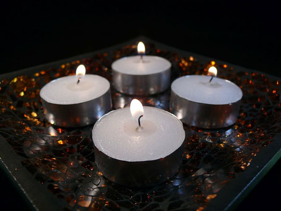 candles, white, flames, glowing, glows, bright, four, wax, decorative HD wallpaper