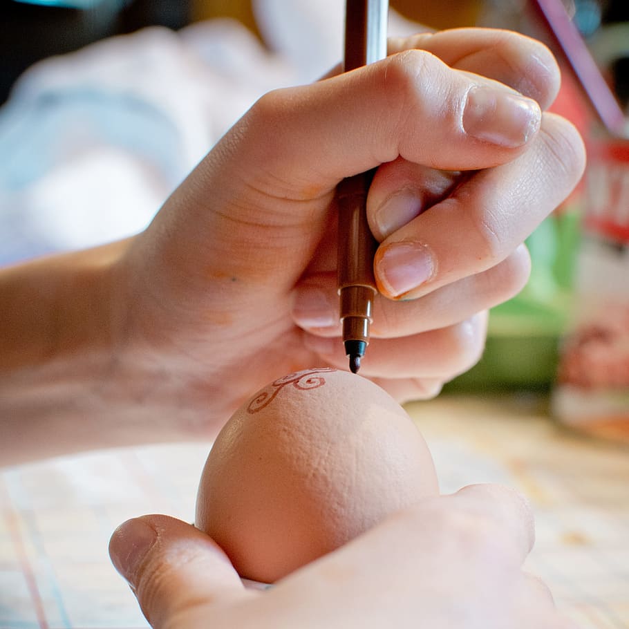 person holding brown marker holding egg, paint, pen, easter egg HD wallpaper