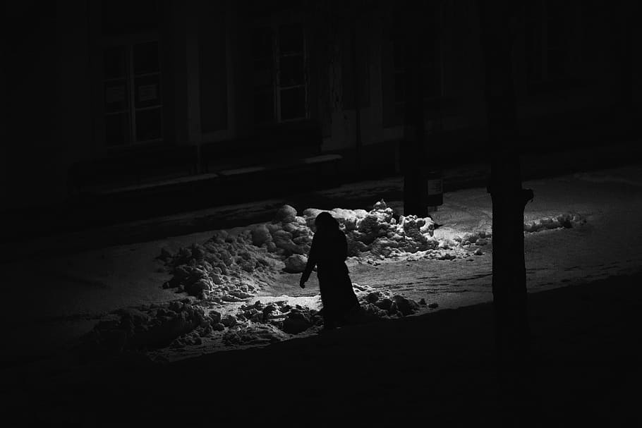 grayscale photography of person waling on street, grayscale photo of person walking near house HD wallpaper