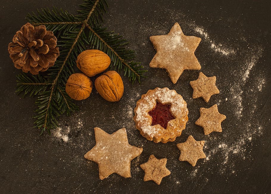 photo of cookies, walnut, and pine cone, small cakes, bake HD wallpaper