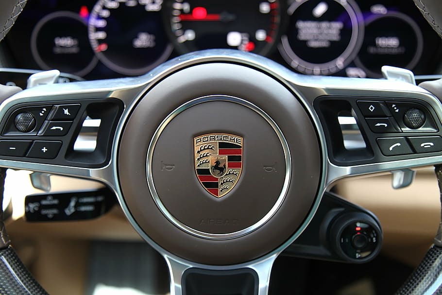 black, brown, and gray Porsche multi-function vehicle steering wheel, HD wallpaper