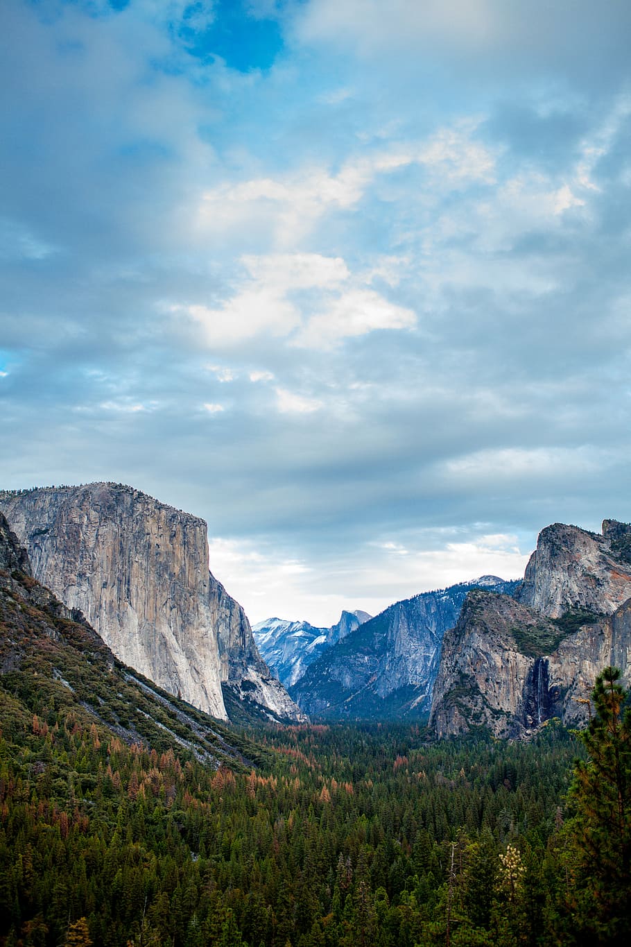 rocky mountain with green trees under white cloudy sky, clouds HD wallpaper
