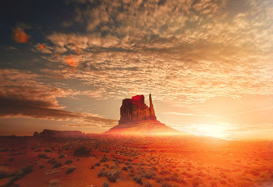 sunset, clouds, sky, nature, rocks, cliff, landscape, grass HD wallpaper