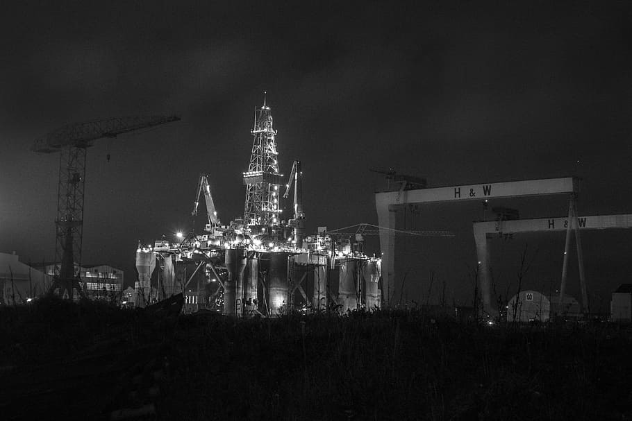 grayscale photo of structure, Belfast, Oil, Rig, Harland, Shipyard