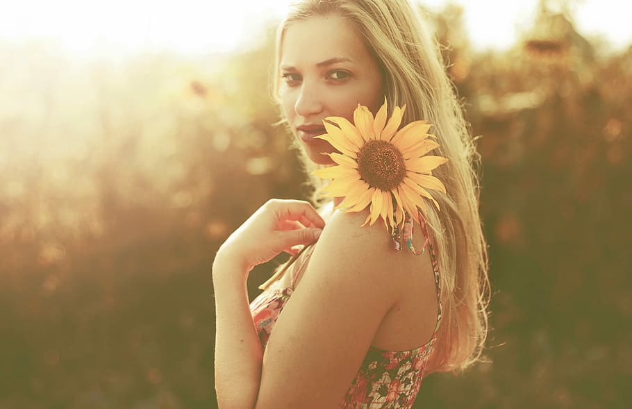 woman holding sunflower during sunset, outdoors, nature, women HD wallpaper