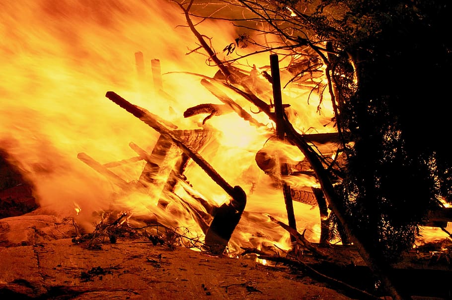 midsummer, fire, outdoors, tree, burn, flame, burning, fire - natural phenomenon HD wallpaper