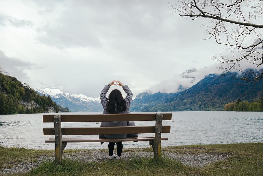 cold, bench, landscape, mountains, branches, clouds, cloudy, environment HD wallpaper