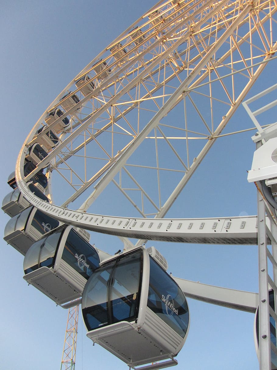 ferris wheel, fun, blue sky, low angle view, amusement park HD wallpaper