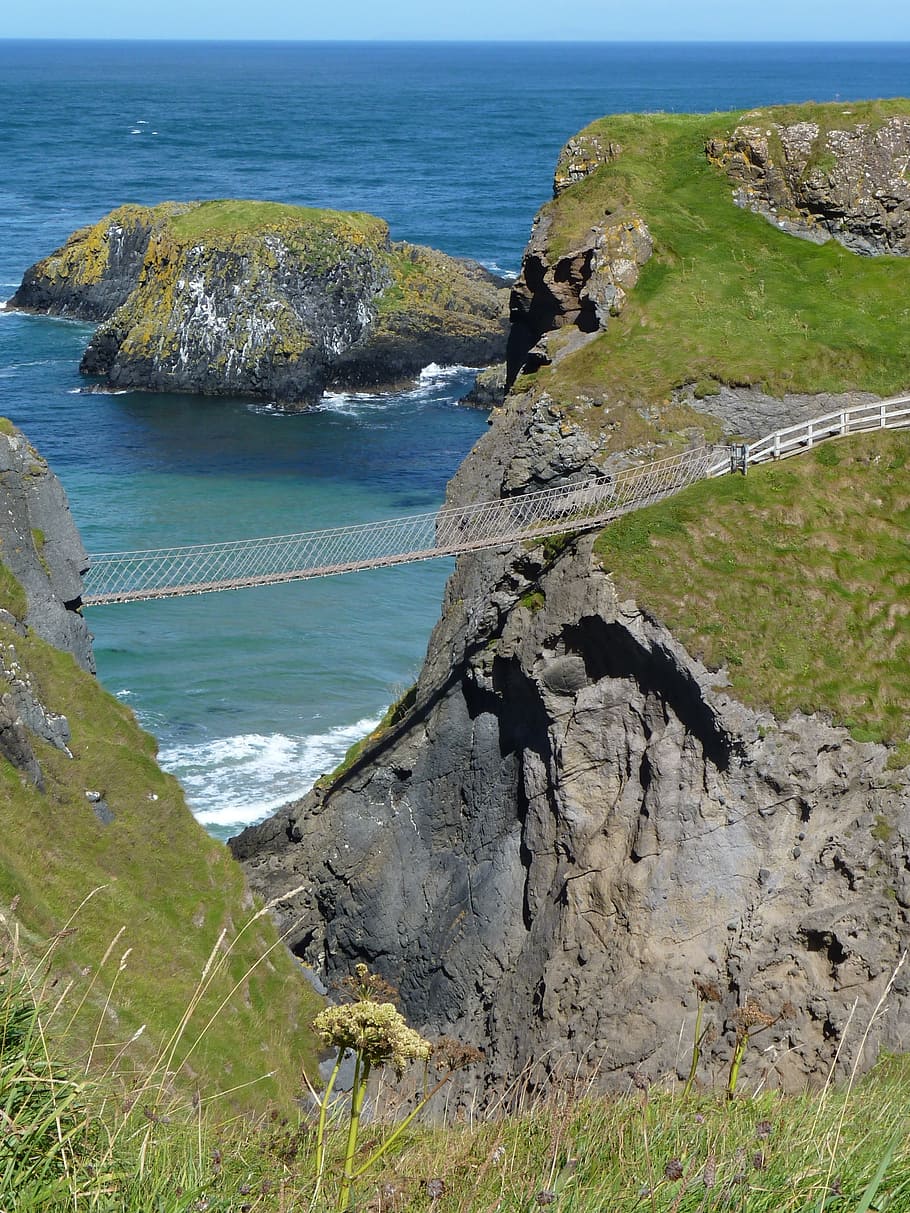 suspension bridge, ireland, abyss, carrick-a-rede, water, sea