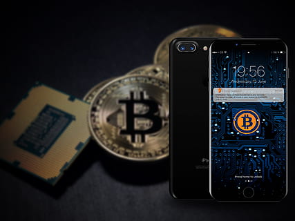 jet black iPhone 7 Plus displaying Bitcoin wallpaper, iphine 8 HD wallpaper