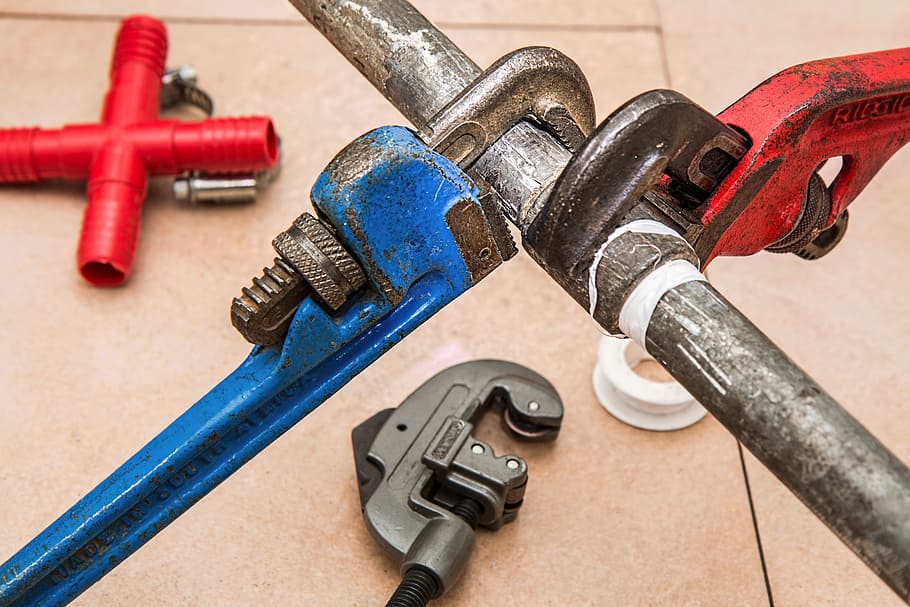 blue and red pipe wrenches, plumbing, plumber, repair, maintenance, HD wallpaper