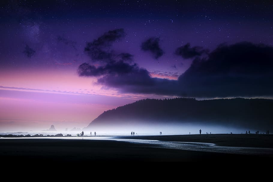 silhouette of people standing near mountain, untitled, sky, purple HD wallpaper