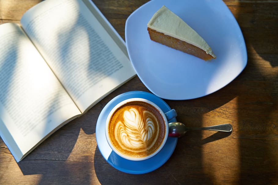 food, wood, caffeine, coffee, beverage, blue, book, breakfast HD wallpaper
