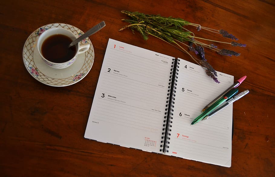 white notebook beside ceramic teacup, coffee, office, labor day HD wallpaper