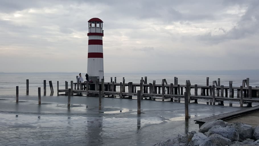 lake, nature, clouds, water, sea, sky, lighthouse, guidance HD wallpaper