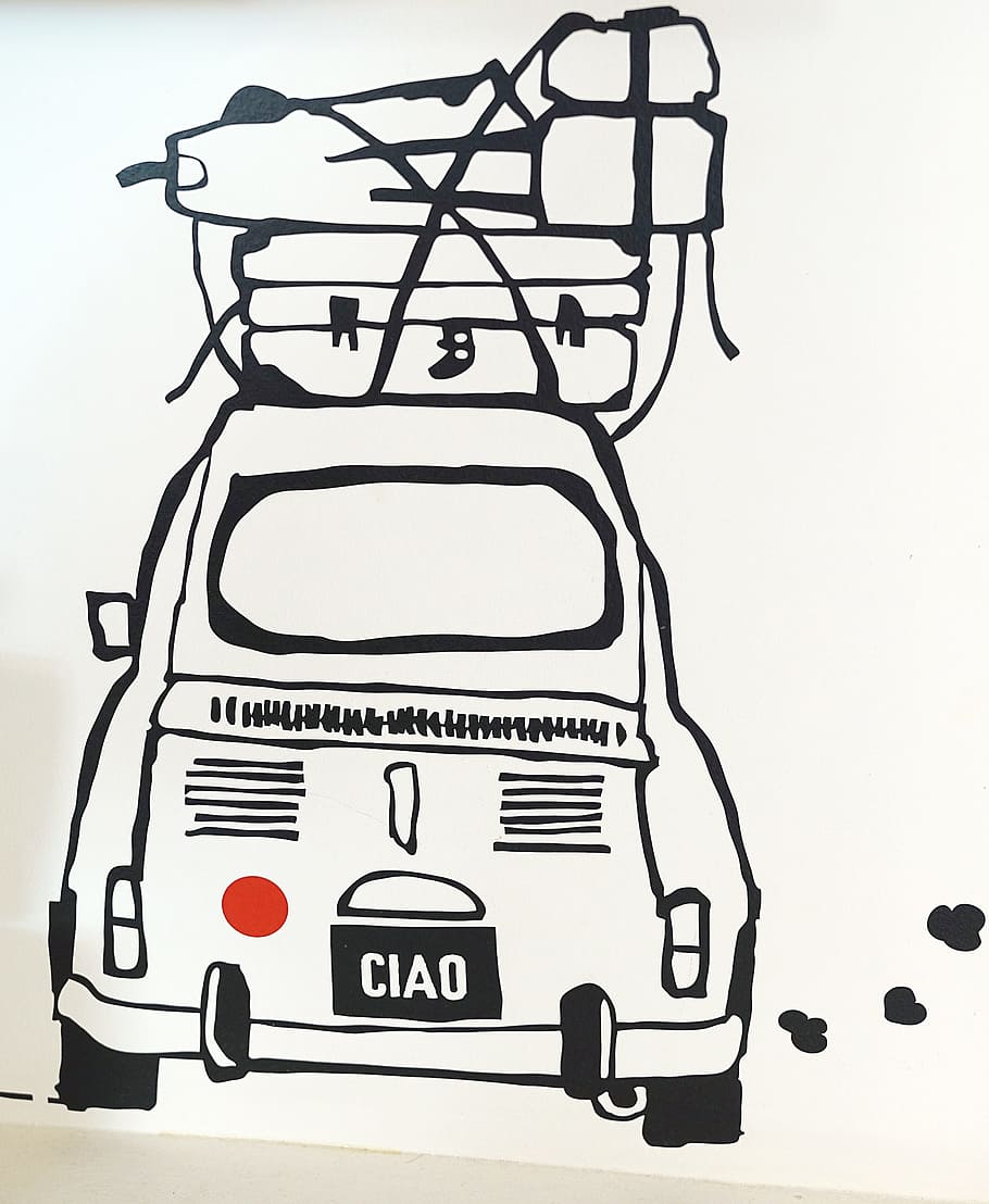red car illustration, cartoon, fiat, 500, travel, trip, luggage, HD wallpaper