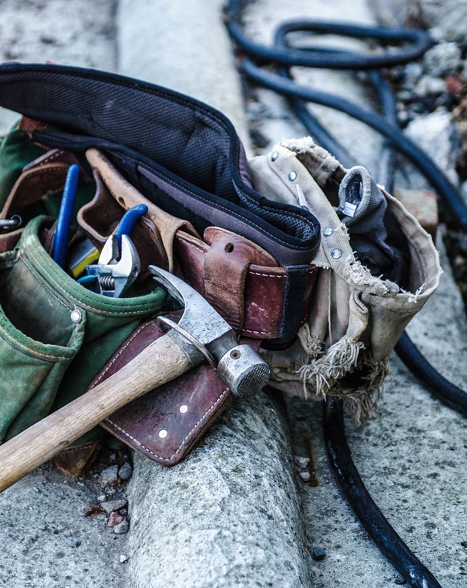 black and silver hammer on brown utility belt, tools, tool belt HD wallpaper