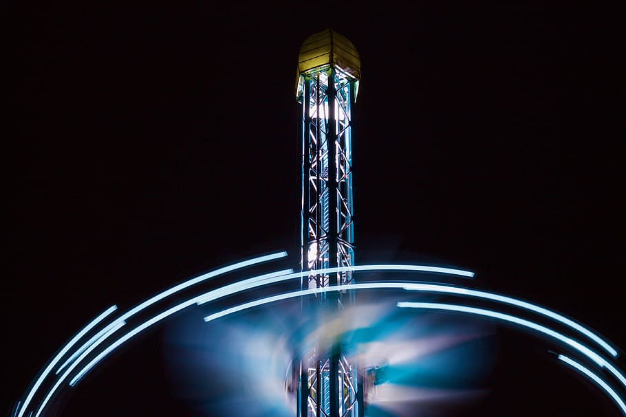 lights, ride, spin, movement, fair, turn, blue, tower, motion HD wallpaper
