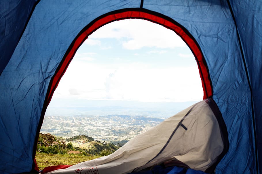 blue and red tent, blue, red, and gray dome tent, pop-up, over the mountain HD wallpaper